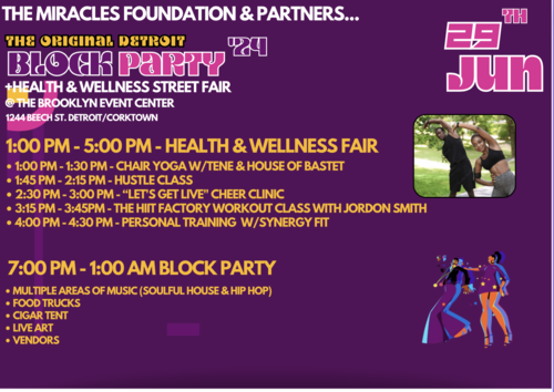 Join Detroit's Ultimate Block Party + Health & Wellness fair! Select "Get tickets" to register for the free health fair event or purchase a ticket to the evening Block Party. poster